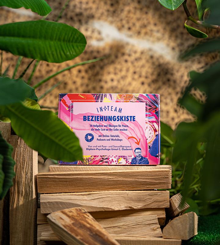 Product display of 'Beziehungskiste' box surrounded by plants and wood